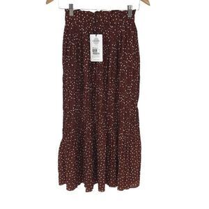 Exlura Women's High Waist Elastic Polka Dot  Pleated Midi Tiered Skirt Brown Sma